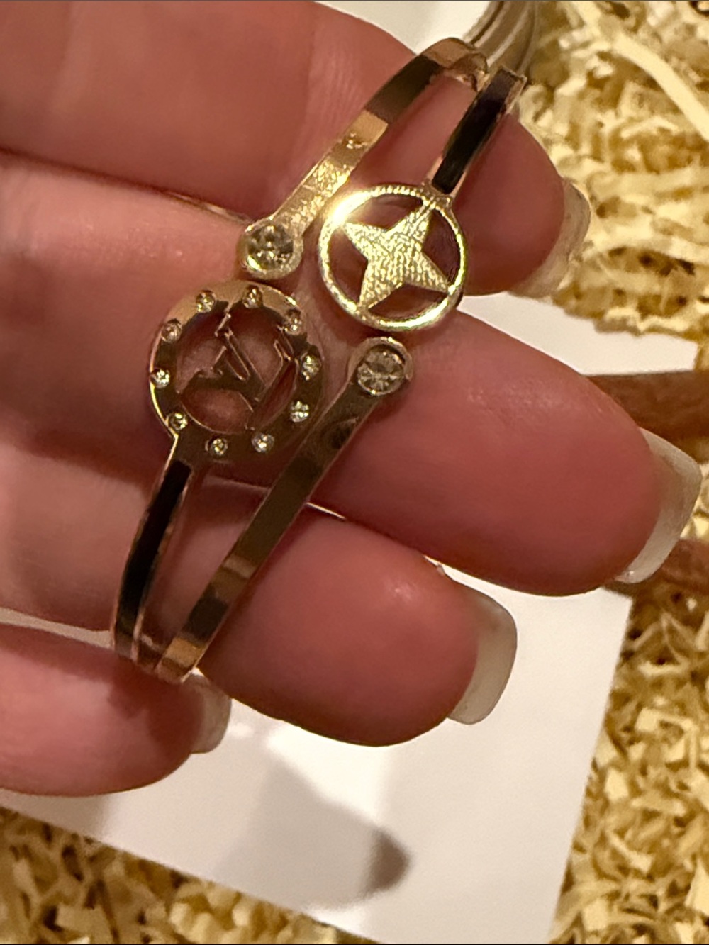 Gold-Tone Double Band Logo Bracelet/Bangle with Crystal Accents